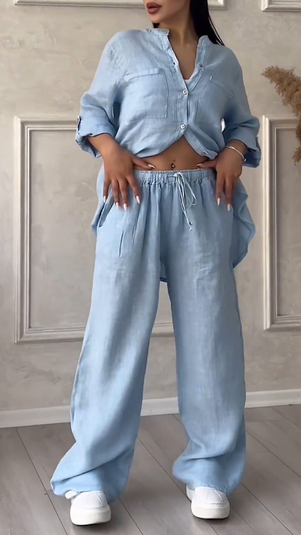 Ensemble décontracté col en V en coton et lin pour femme
