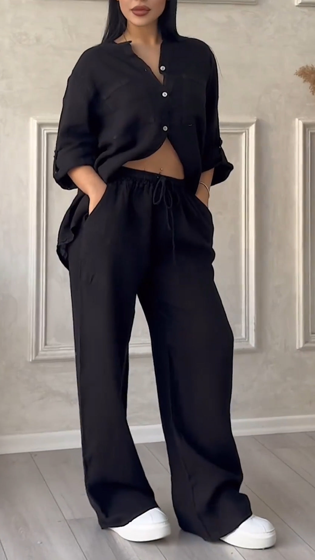 Ensemble décontracté col en V en coton et lin pour femme