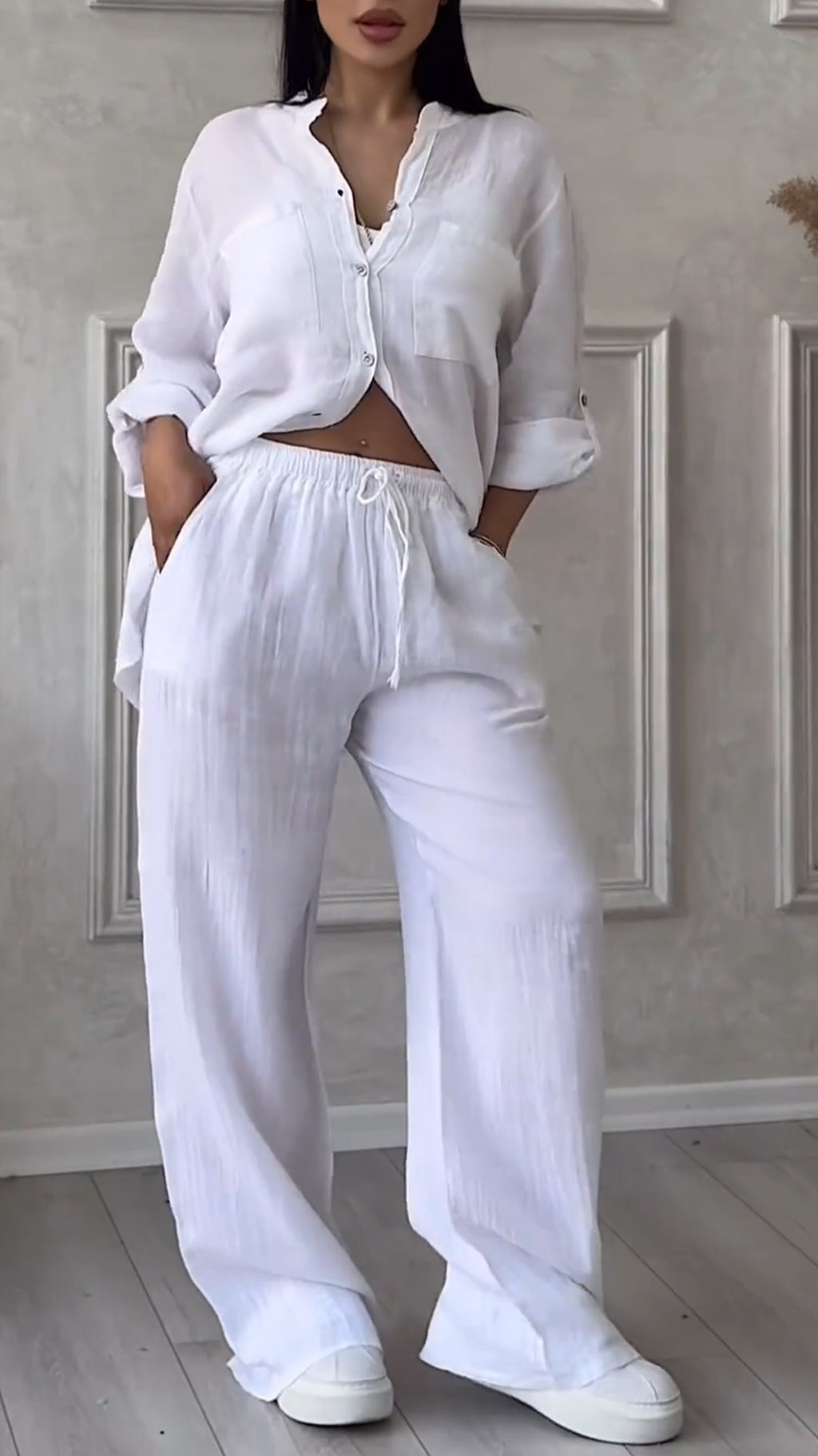 Ensemble décontracté col en V en coton et lin pour femme
