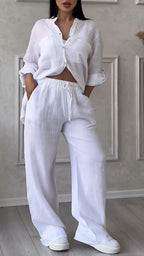 Ensemble décontracté col en V en coton et lin pour femme