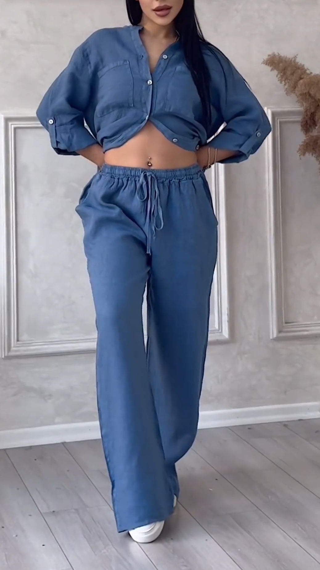 Ensemble décontracté col en V en coton et lin pour femme