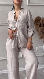 Ensemble décontracté col en V en coton et lin pour femme