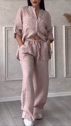 Ensemble décontracté col en V en coton et lin pour femme