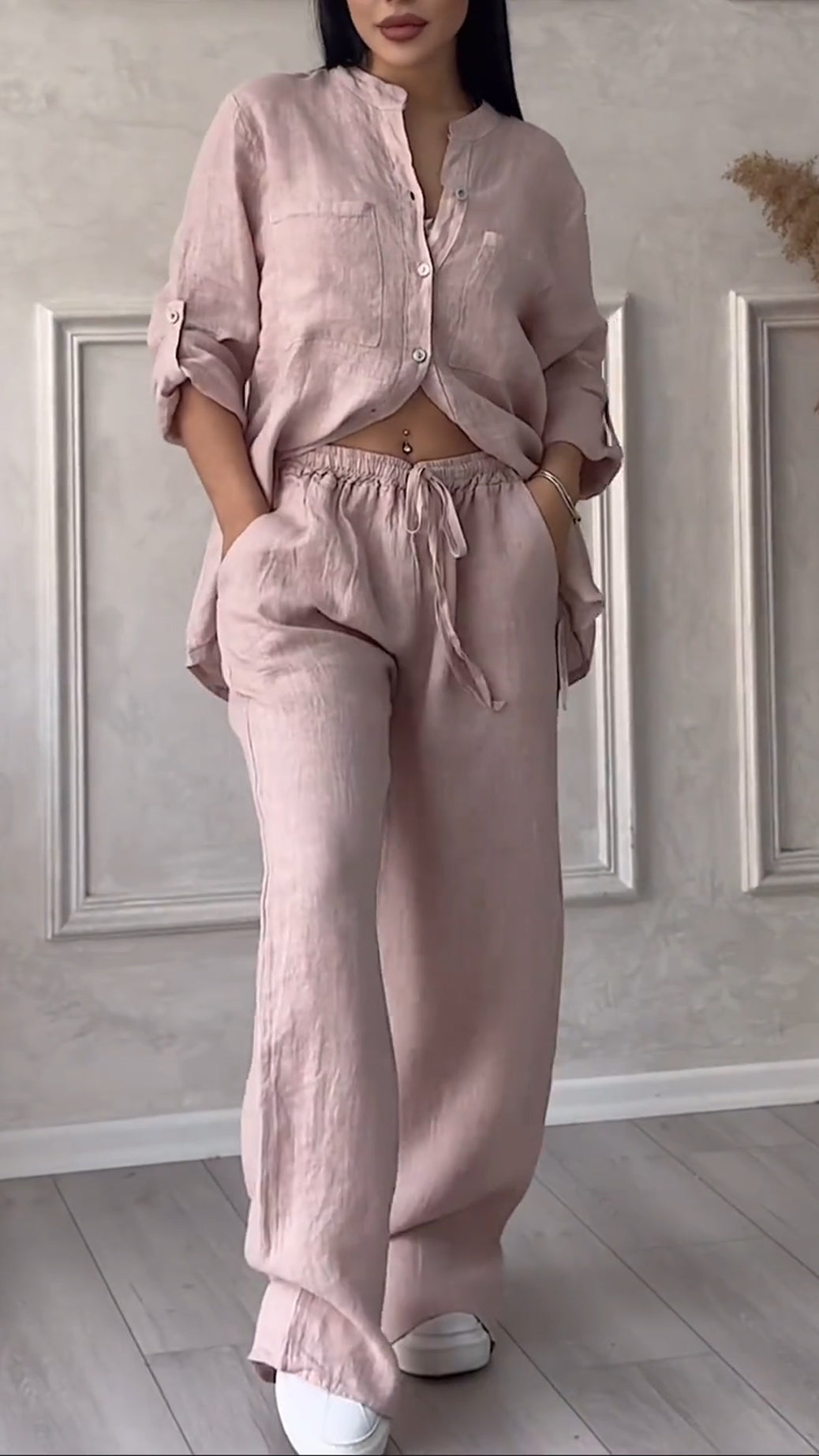 Ensemble décontracté col en V en coton et lin pour femme