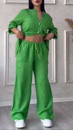 Ensemble décontracté col en V en coton et lin pour femme