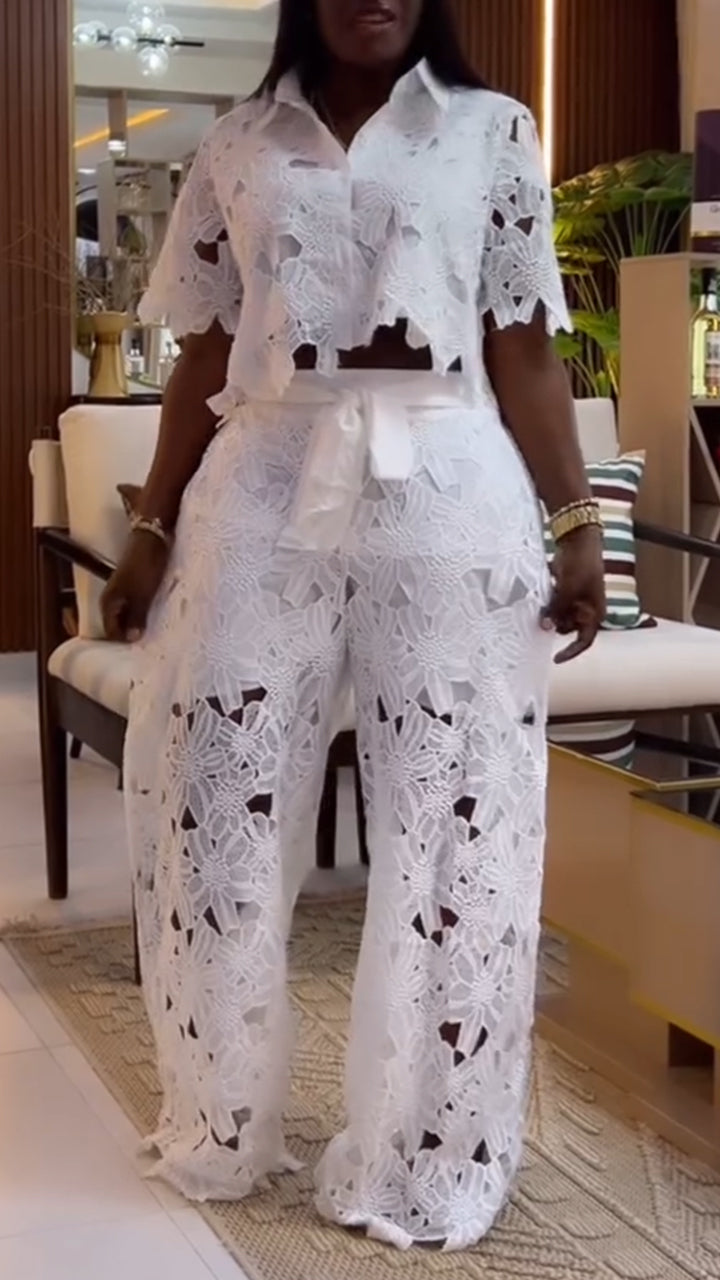 Ensemble décontracté creux haut à revers + pantalon pour femme