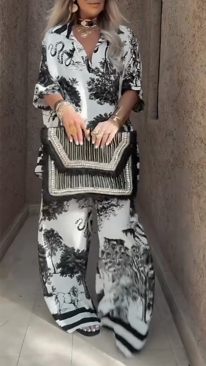 Ensemble décontracté haut col en V et pantalon imprimé pour femme