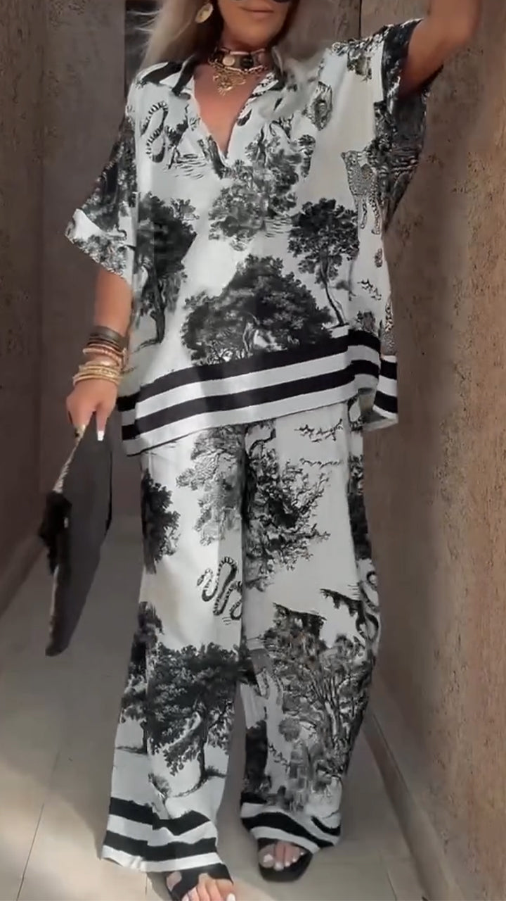 Ensemble décontracté haut col en V et pantalon imprimé pour femme