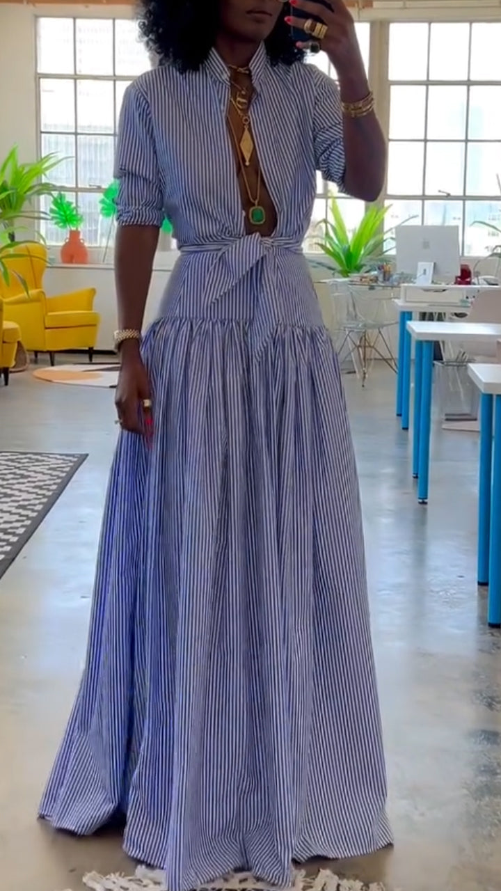 Robe queue de poisson rayée à col montant pour femme