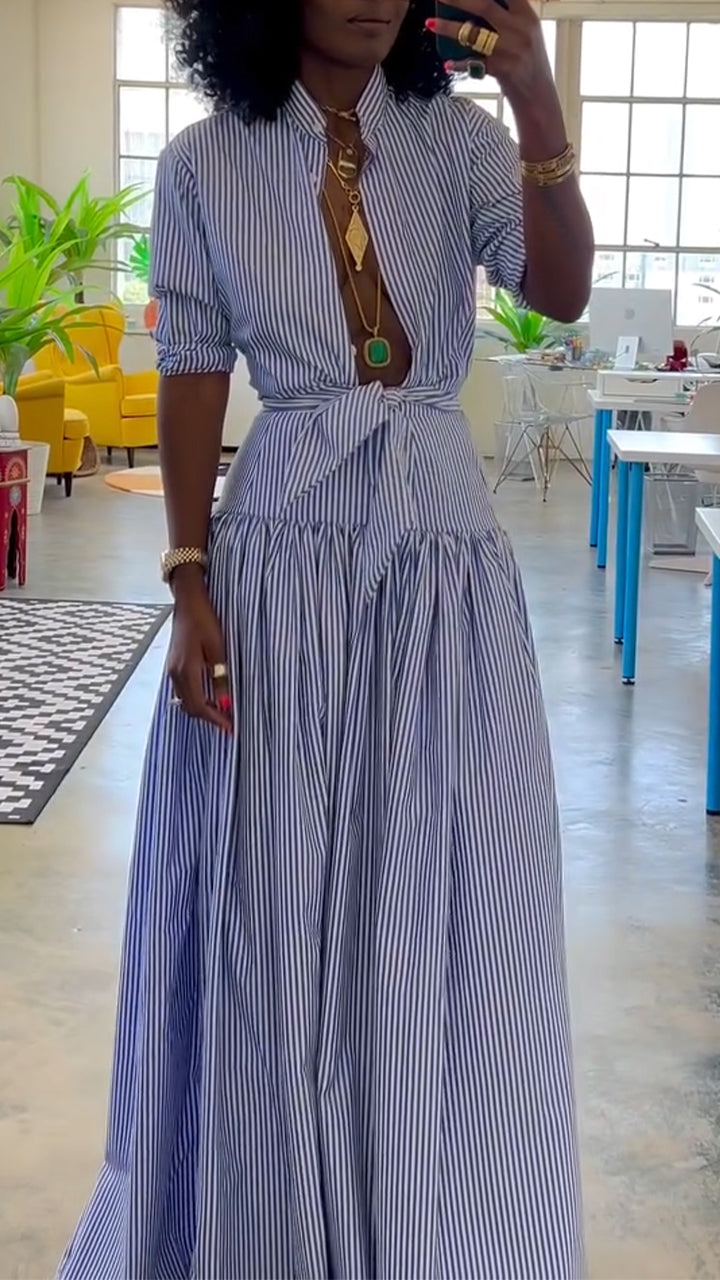 Robe queue de poisson rayée à col montant pour femme