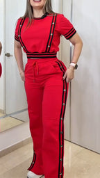 Ensemble décontracté pour femme : Haut rayé patchwork à col rond et pantalon fendu sur le côté avec boucle