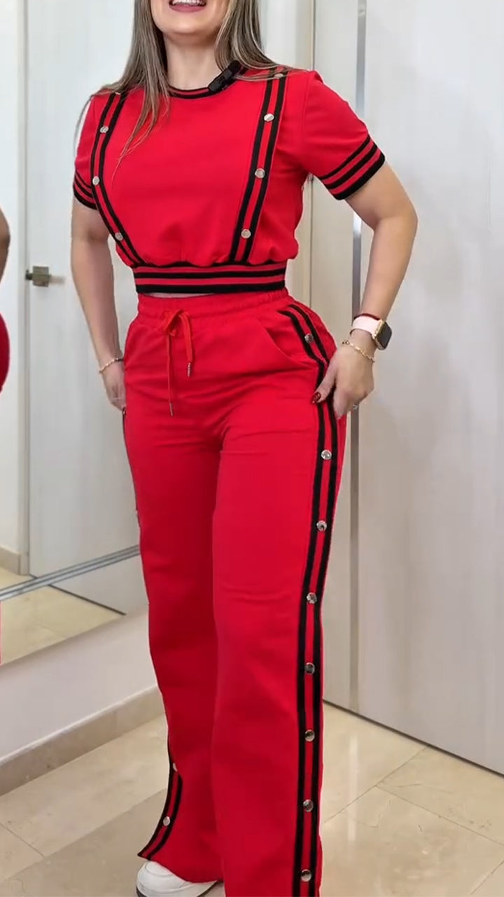 Ensemble décontracté pour femme : Haut rayé patchwork à col rond et pantalon fendu sur le côté avec boucle