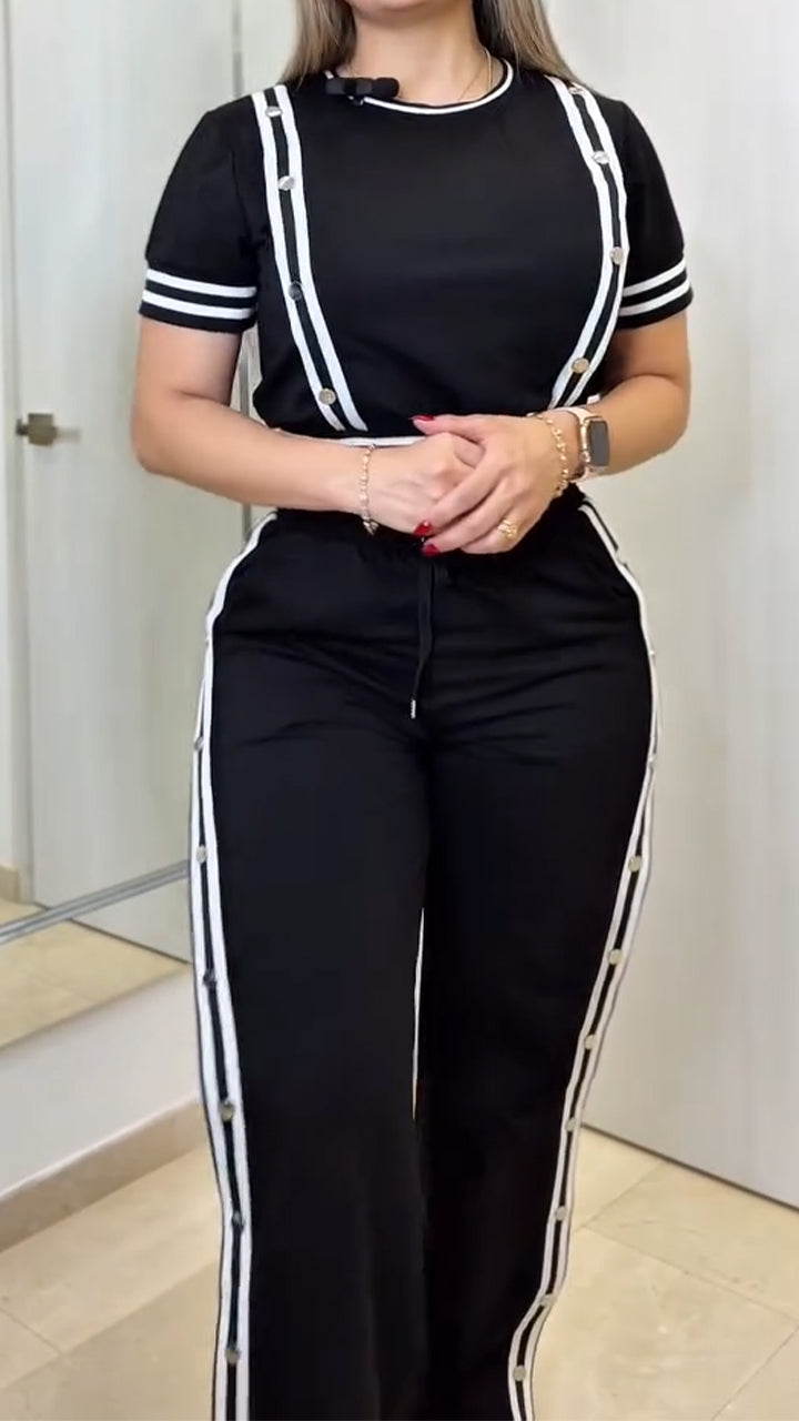 Ensemble décontracté pour femme : Haut rayé patchwork à col rond et pantalon fendu sur le côté avec boucle