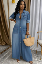 Robe décontractée à revers, délavée, avec poches et épissures pour femme