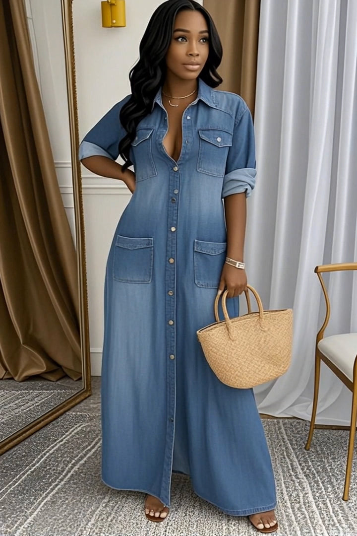 Robe décontractée à revers, délavée, avec poches et épissures pour femme