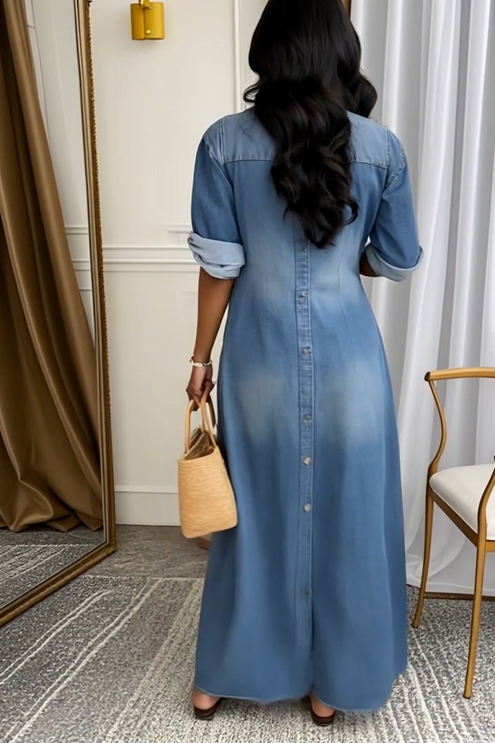 Robe décontractée à revers, délavée, avec poches et épissures pour femme