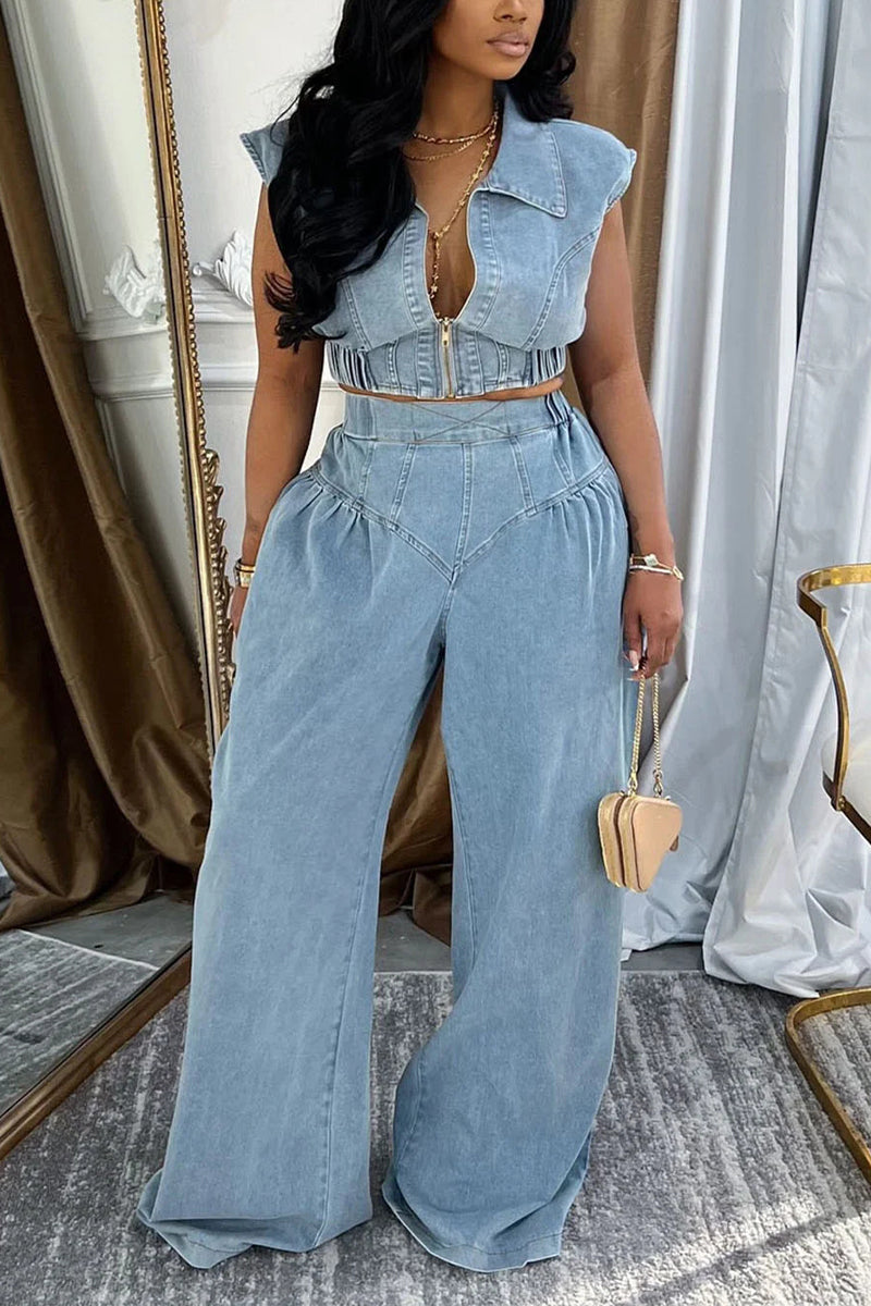 Ensemble décontracté femme : top court col zippé et pantalon