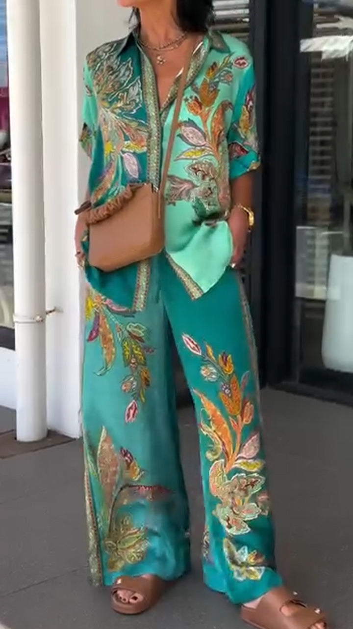 Ensemble décontracté ample pour femme : haut et pantalon imprimés à col.
