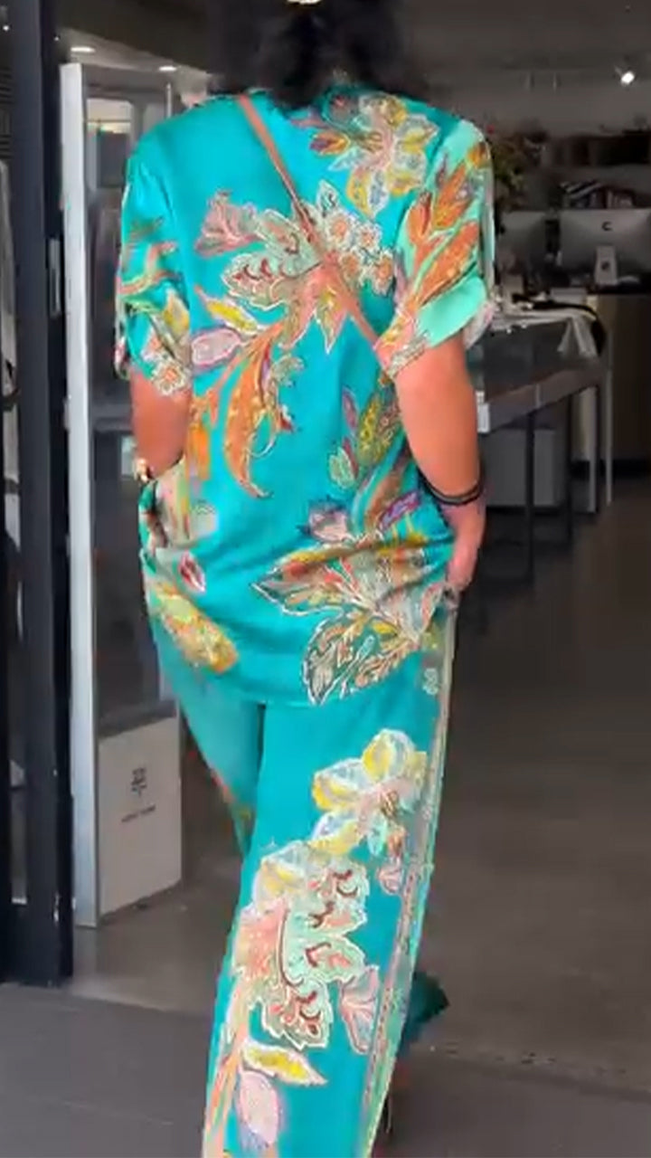 Ensemble décontracté ample pour femme : haut et pantalon imprimés à col.