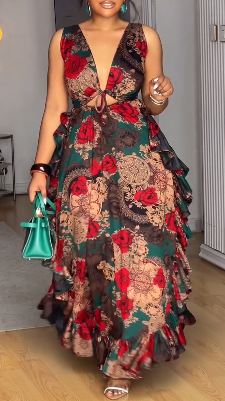 Robe élégante à col en V imprimée et ajourée de coupe asymétrique pour femme