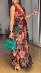 Robe élégante à col en V imprimée et ajourée de coupe asymétrique pour femme