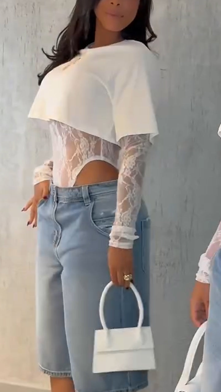 Ensemble deux pièces T-shirt court uni à col rond et combi-pantalon en dentelle pour femme