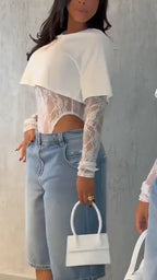 Ensemble deux pièces T-shirt court uni à col rond et combi-pantalon en dentelle pour femme
