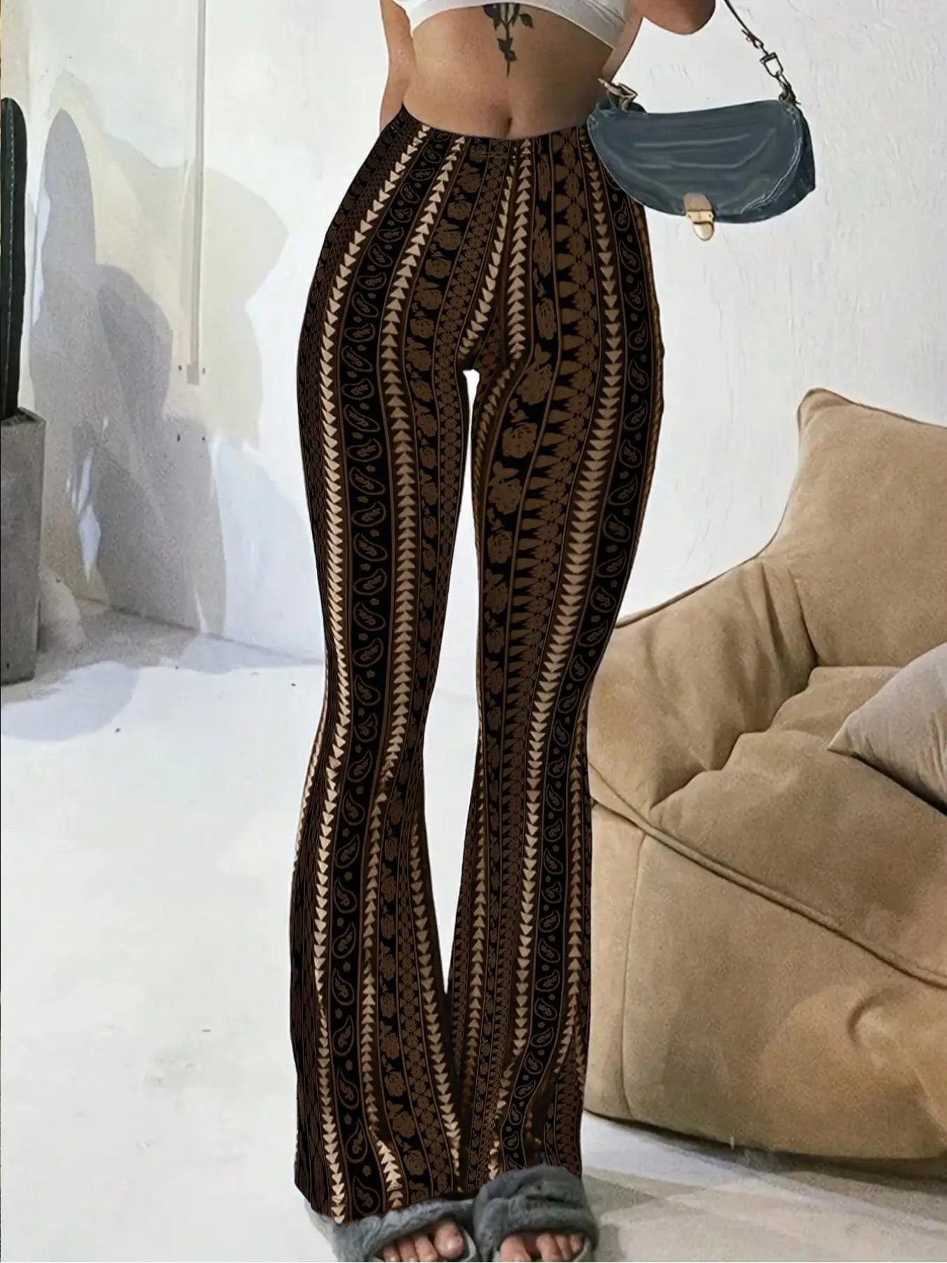 Pantaloni attillati in maglia svasati con stampa geometrica da donna, pantaloni casual estivi comodi ed eleganti per l'uso quotidiano, capi inferiori da donna per tutte le stagioni