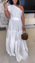 Robe de Soirée Élégante pour Femme à Col Diagonale et Épissures de Couleur Unie