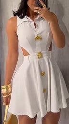Robe décontractée à revers, épissures, boutons métalliques évidés et tempérament pour femmes