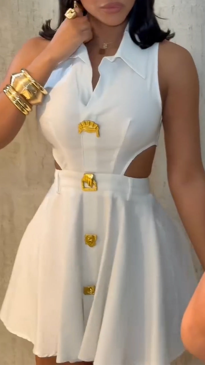 Robe décontractée à revers, épissures, boutons métalliques évidés et tempérament pour femmes