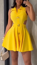 Robe décontractée à revers, épissures, boutons métalliques évidés et tempérament pour femmes