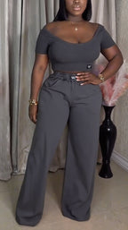 Ensemble décontracté haut à col U et pantalon grande taille pour femme