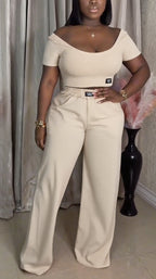 Ensemble décontracté haut à col U et pantalon grande taille pour femme
