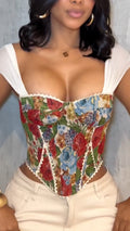 Ensemble décontracté pour femmes : Haut imprimé à col carré et lanières croisées dans le dos + pantalon patchwork multi-poches