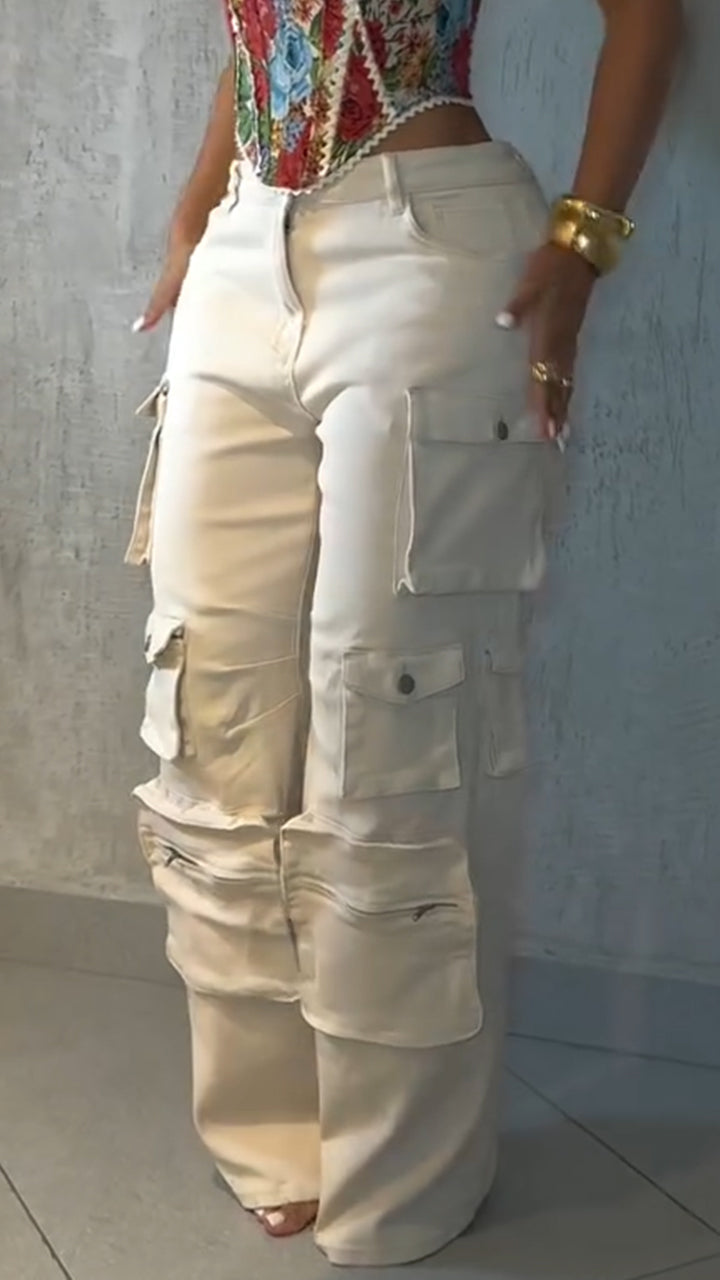 Ensemble décontracté pour femmes : Haut imprimé à col carré et lanières croisées dans le dos + pantalon patchwork multi-poches