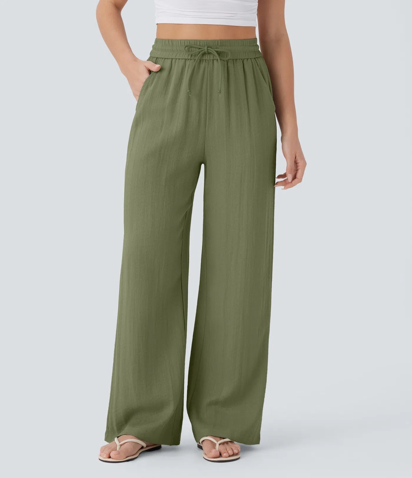 Pantalon ample taille haute en lin avec cordon de serrage et grandes poches