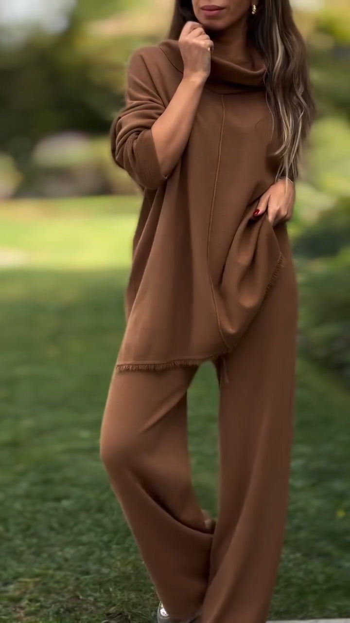 Ensemble décontracté couleur unie haut à col montant et pantalon pour femme