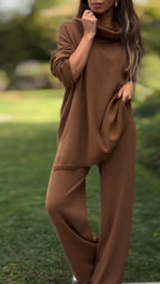 Ensemble décontracté couleur unie haut à col montant et pantalon pour femme