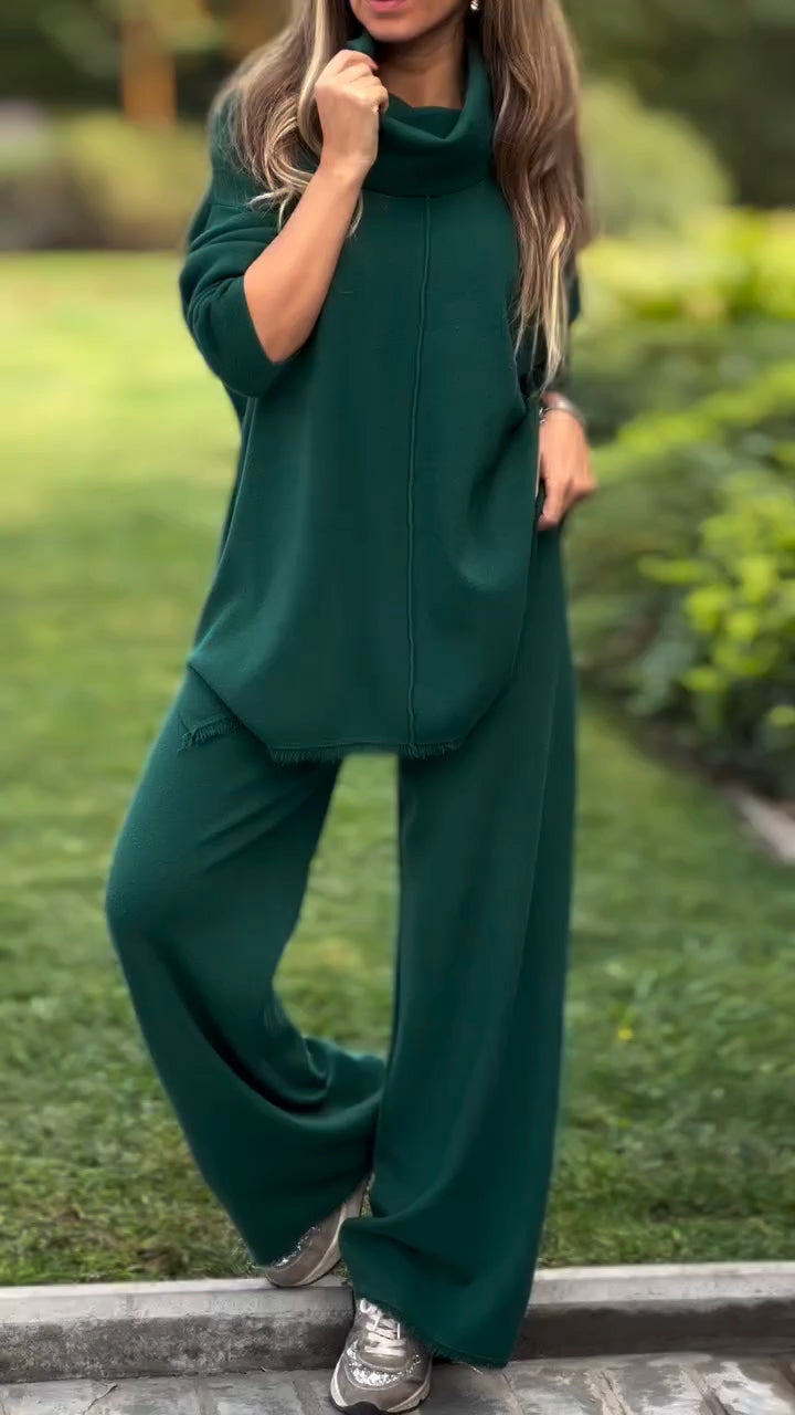 Ensemble décontracté couleur unie haut à col montant et pantalon pour femme