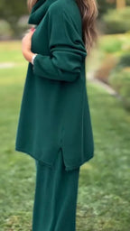 Ensemble décontracté couleur unie haut à col montant et pantalon pour femme