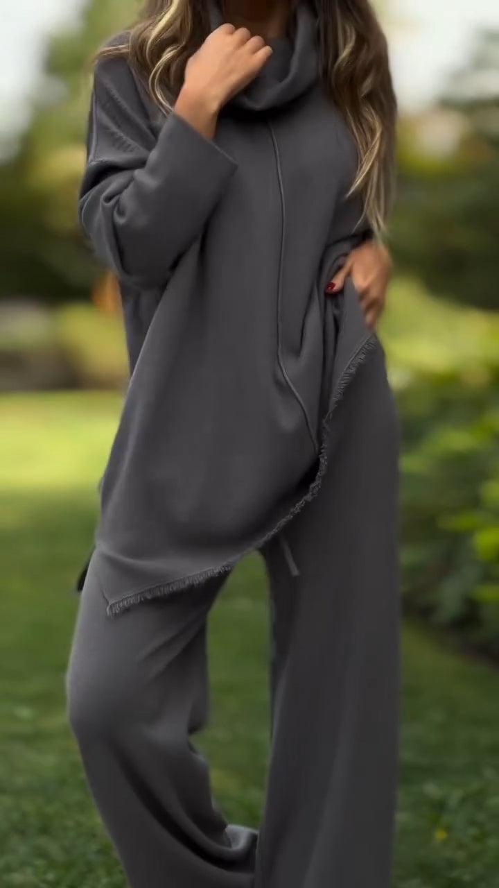 Ensemble décontracté couleur unie haut à col montant et pantalon pour femme