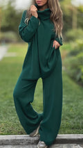 Ensemble décontracté couleur unie haut à col montant et pantalon pour femme