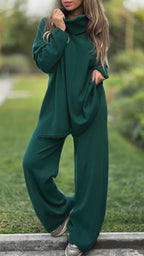 Ensemble décontracté couleur unie haut à col montant et pantalon pour femme