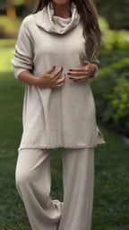 Ensemble décontracté couleur unie haut à col montant et pantalon pour femme
