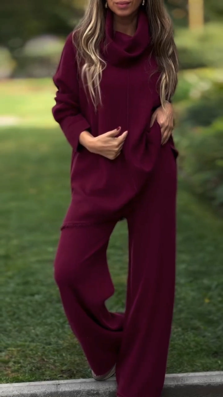 Ensemble décontracté couleur unie haut à col montant et pantalon pour femme