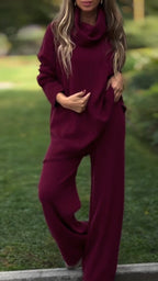 Ensemble décontracté couleur unie haut à col montant et pantalon pour femme