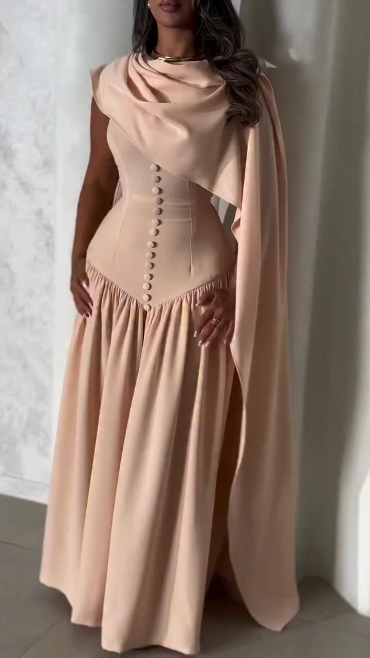 Robe de soirée élégante à col rond, avec châle patchwork et boucle, pour femme.