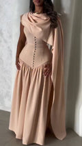 Robe de soirée élégante à col rond, avec châle patchwork et boucle, pour femme.