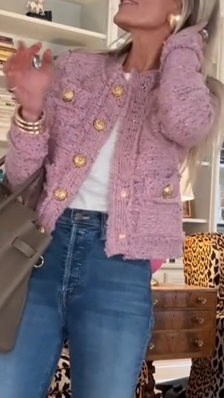 Veste femme col rond avec boucle et empiècements, style petit parfum